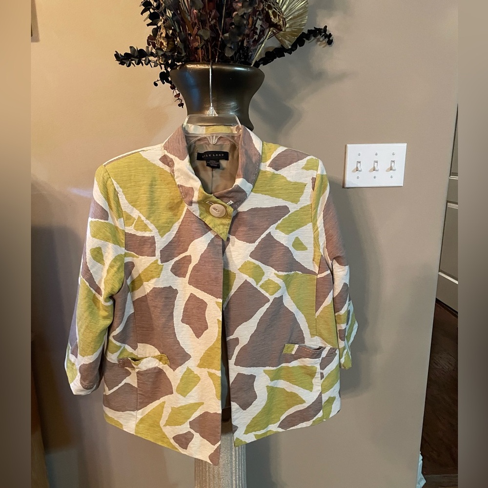 VTG Silk Land Open Blazer Womens Sz XL Giraffe Print Lined SILK Lime Brwn Jacket